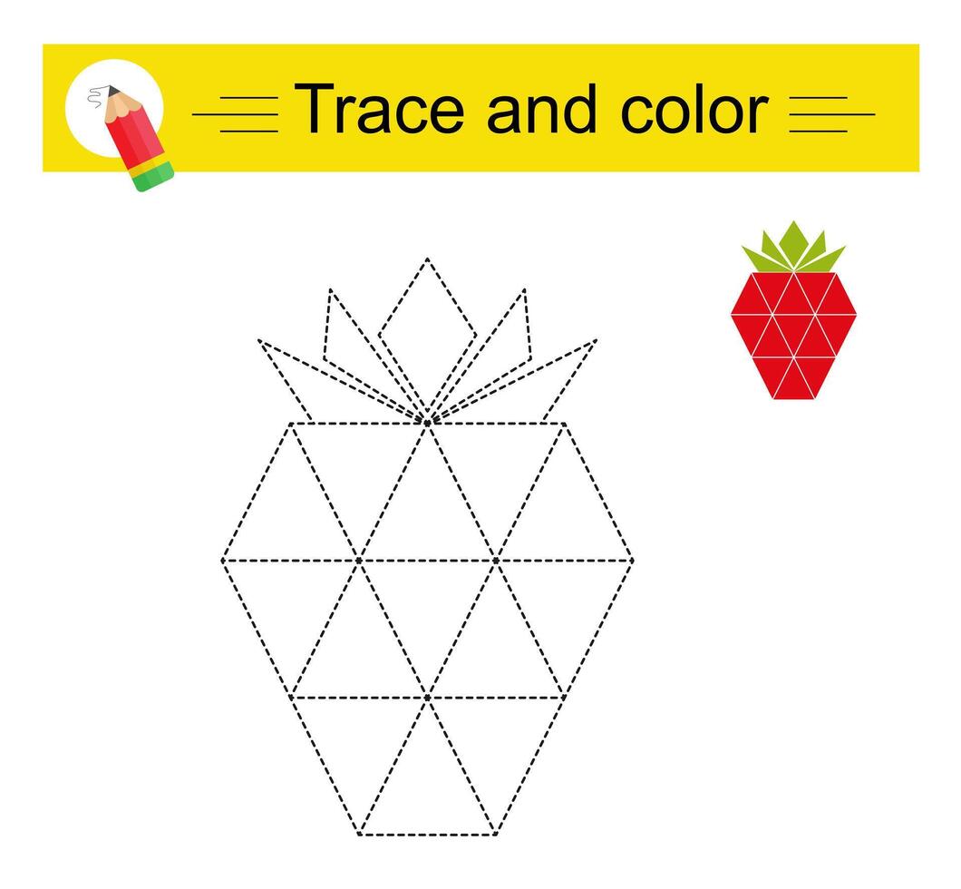 Trace and color for children. Preschool worksheet for practicing fine motor skills. Cartoon strawberries. vector