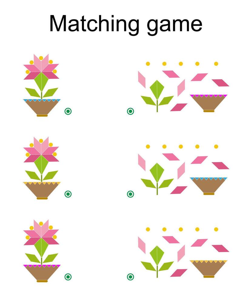 Matching game for kids. Find the correct color of cartoon flower and match vector