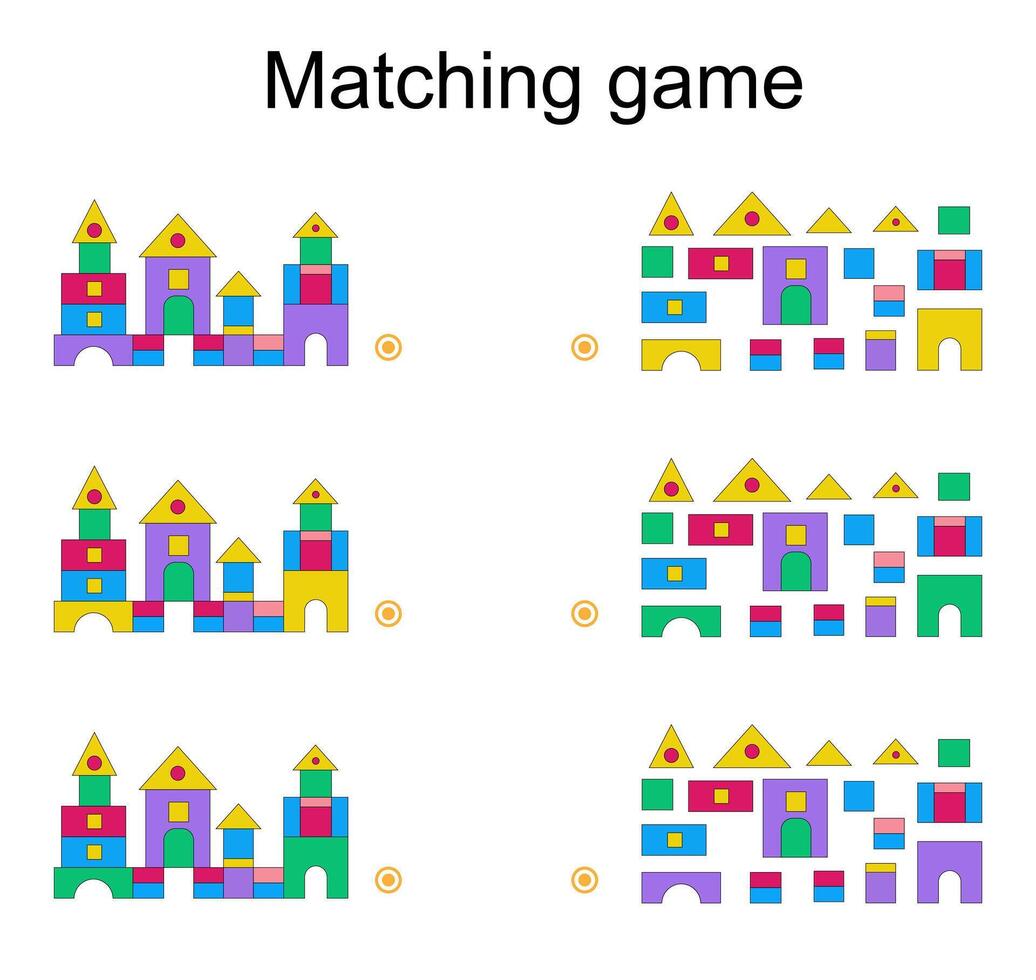 Matching game for kids. Find the correct color of cartoon castle and match. vector