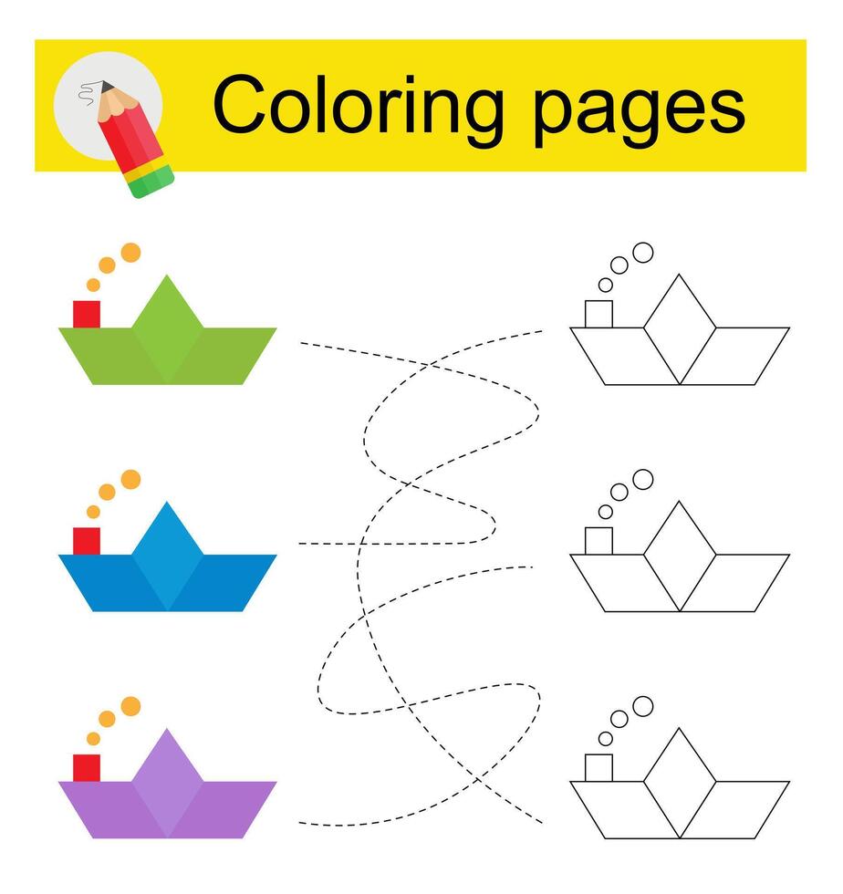 Educational game for kids. Go through the maze and color a cartoon paper boat according to the pattern. vector