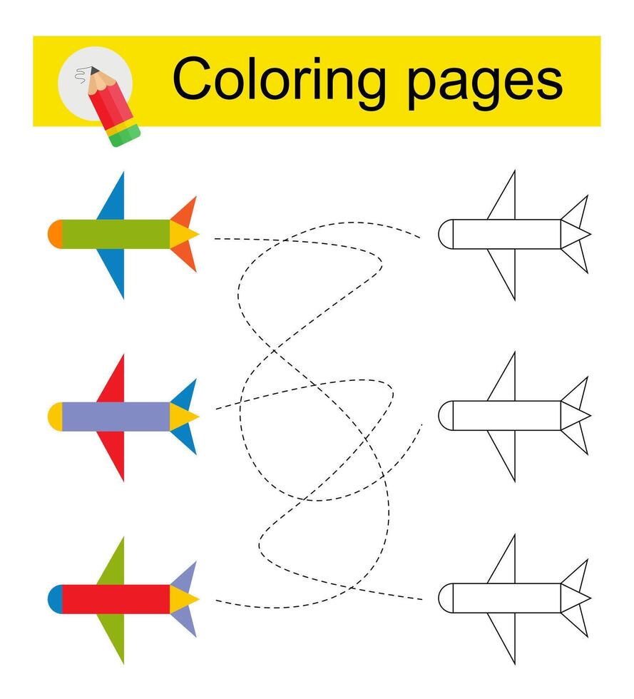 Go through the maze and color a cartoon airplane according to the pattern. vector