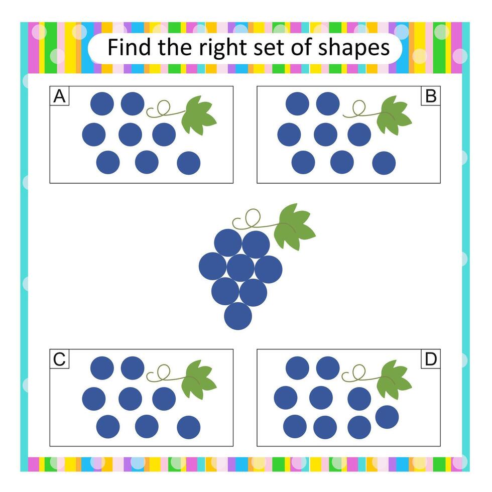 Puzzle for kids. Attention task. Find the correct set of cartoon grape. Answer is C. vector