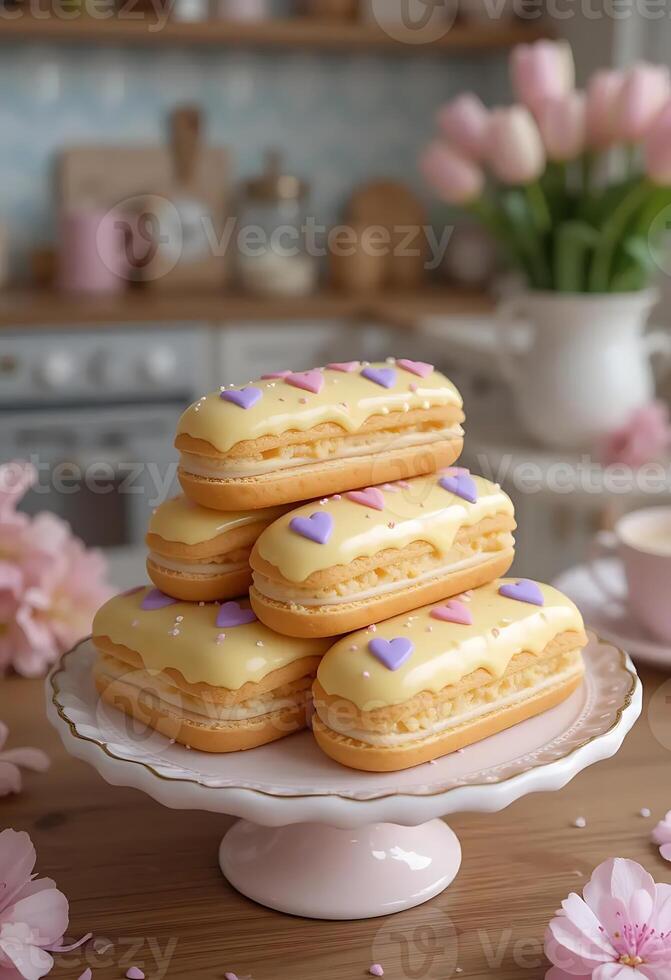 Stack of Sweet Eclairs with Yellow Glaze and Heart Decorations Displayed on a Pink Cake Stand, with Tulips and Teacup in Background for a Delightful Treat photo