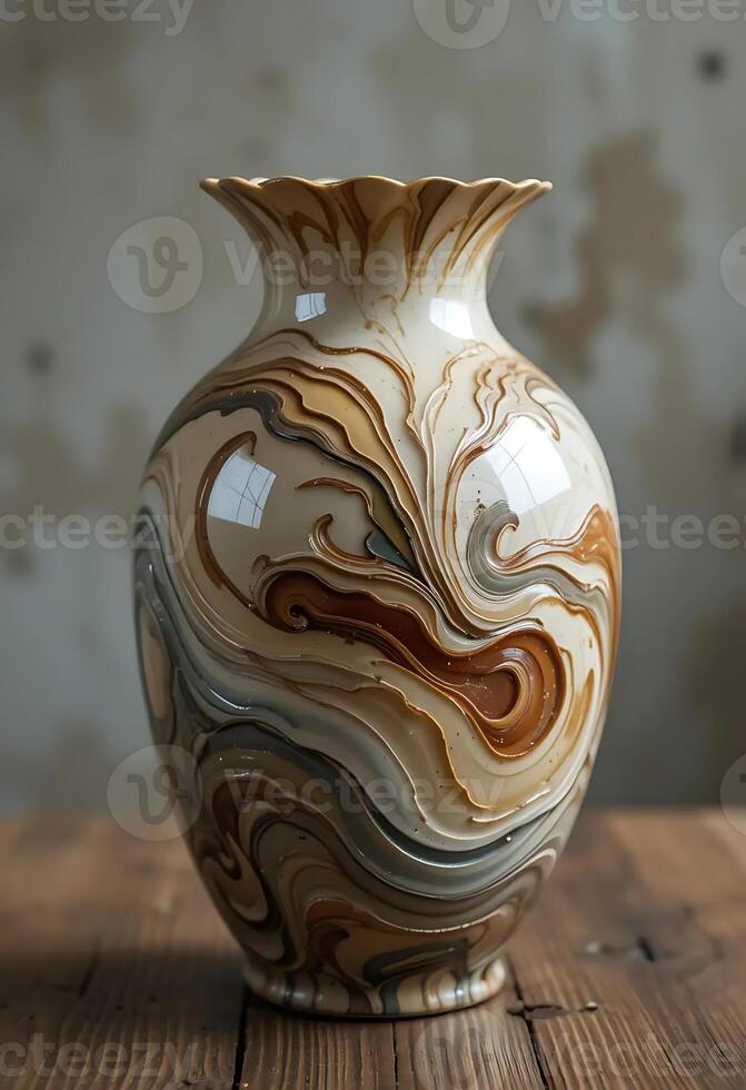 Elegant Decorative Vase with Swirling Patterns Displayed on Wooden Table, Capturing Artistic Home Decor and Interior Design Aesthetics in a Still Life Composition photo