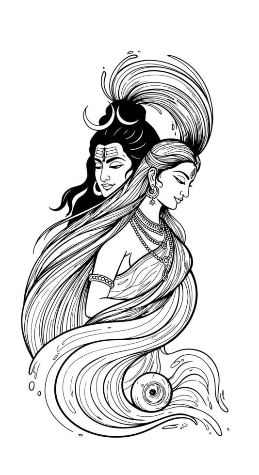 Shiva and Parvati, Hindu Gods, Line Art vector