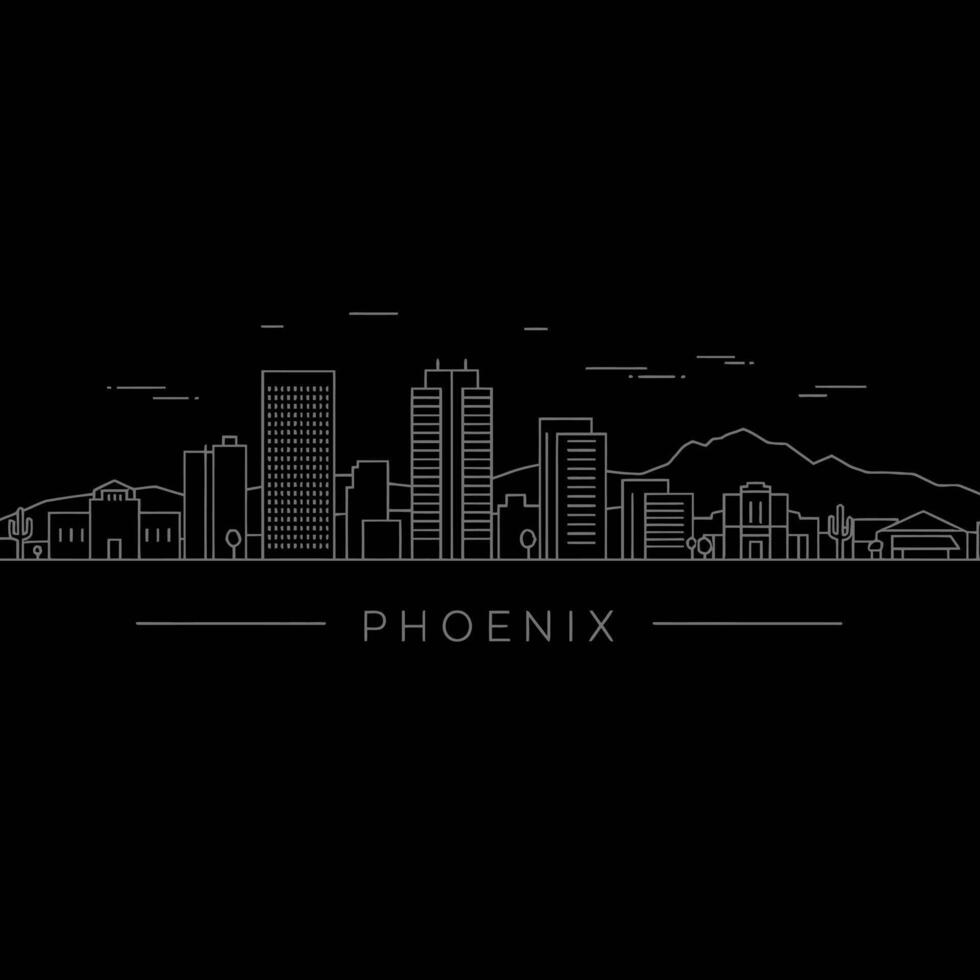 Phoenix Arizona Skyline Outline with Black Background. vector