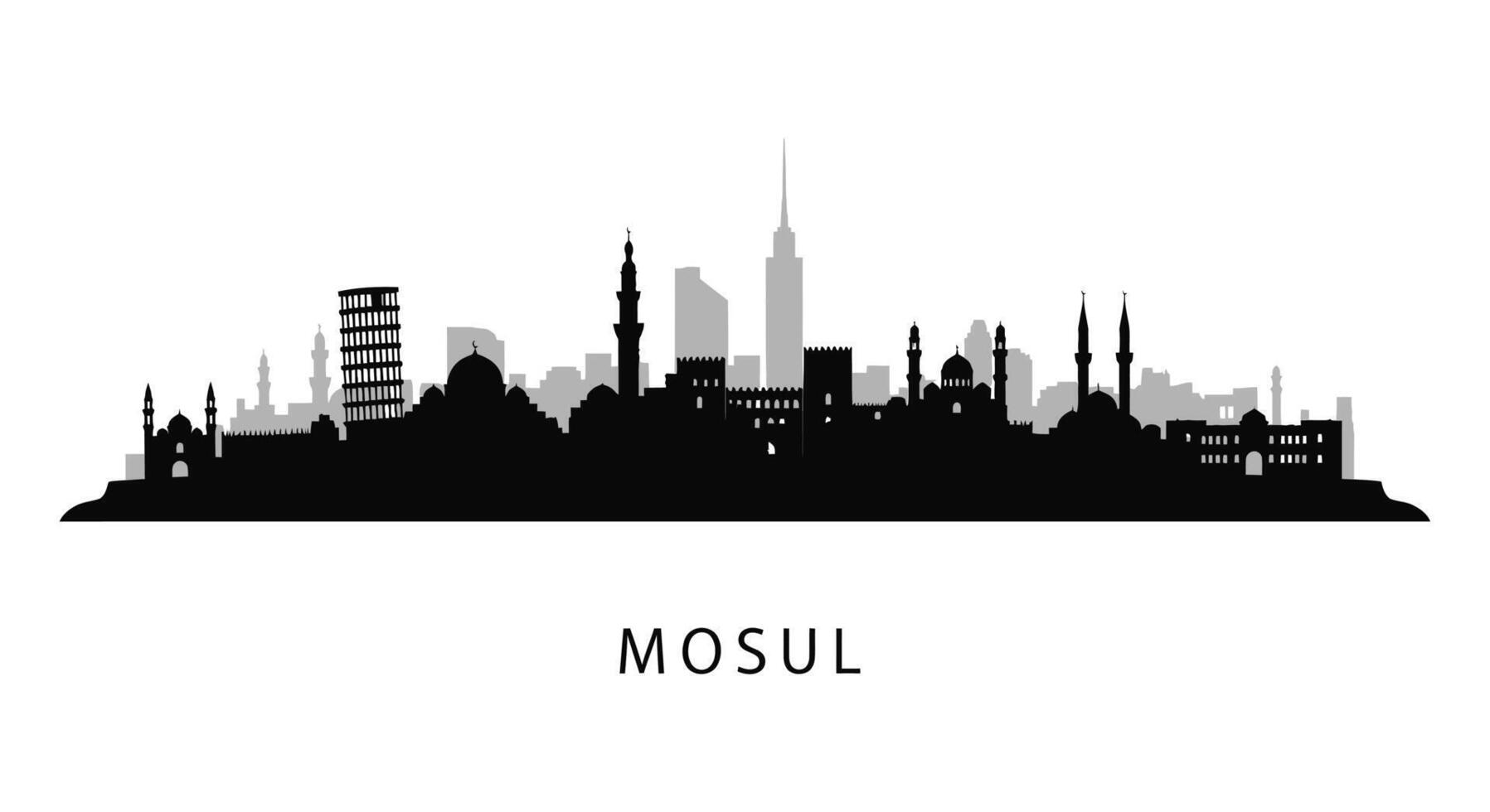 Mosul Iraq Skyline with Cityscape Silhouette, and BlackWhite. vector