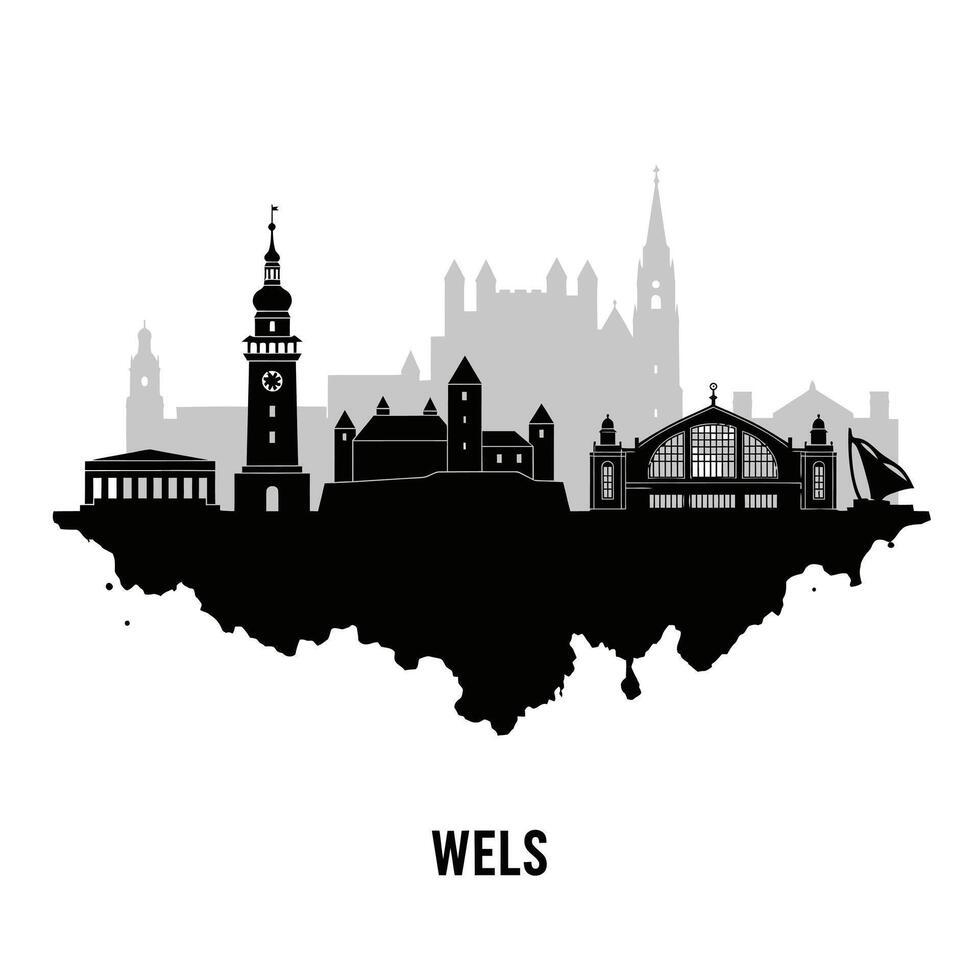 Wels with Austria Skyline Black and White . vector