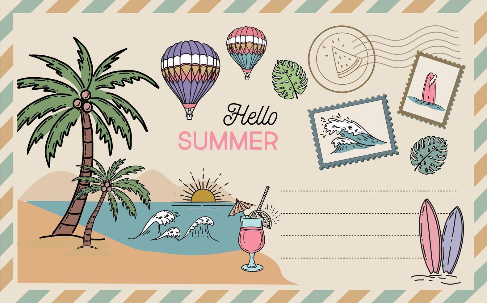 Hello summer, card, Postcard, mail hand drawn illustrations vector