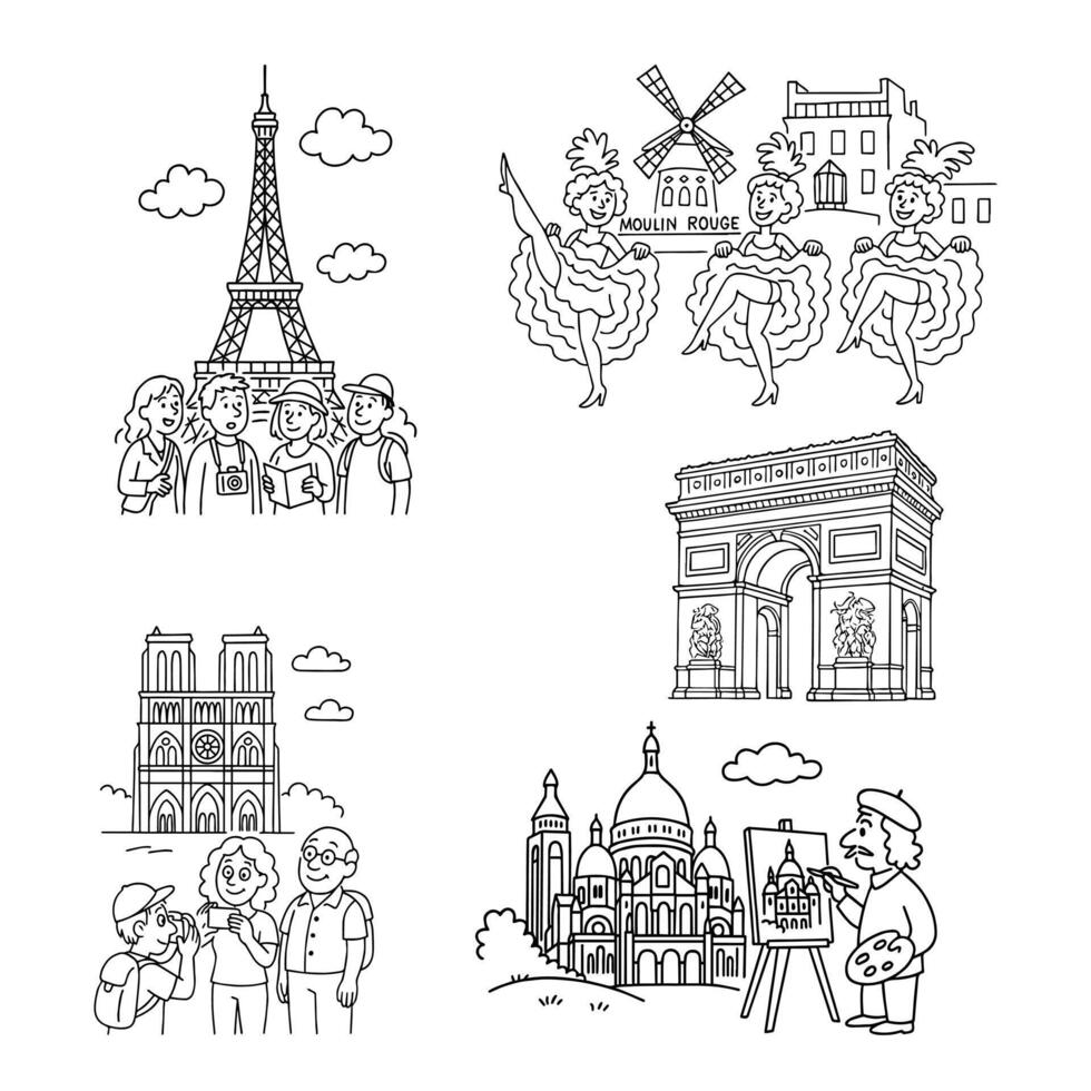 Line art of Paris sights. Eiffel Tower, Moulin Rouge, Notre Dame, tourists, artists, and views vector