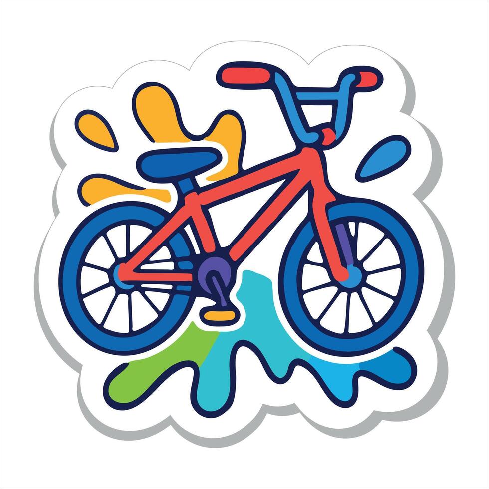 Bright red BMX bike with colorful splash background in cartoon graffiti sticker style. vector