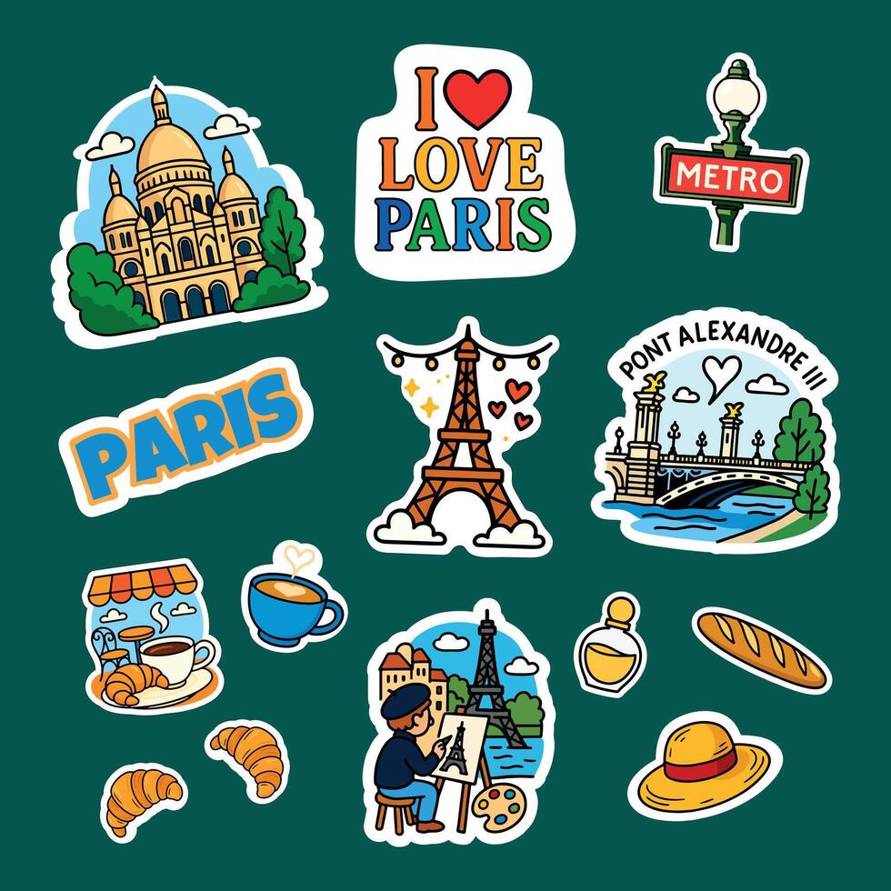 Cartoon Paris travel stickers with French food, Eiffel Tower, artist, perfume, and cafe style. vector