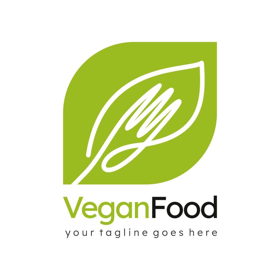 Vegan Food Logo with Leaf and Fork Line Art style. Illustration vector