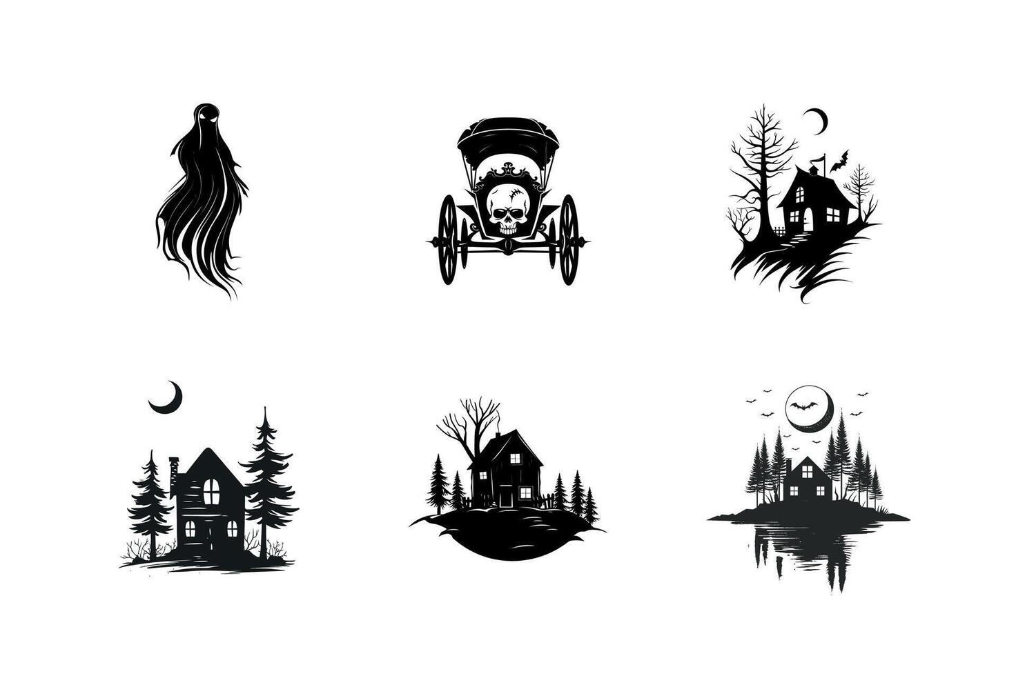 Spooky halloween silhouettes houses carriage and ghost vector