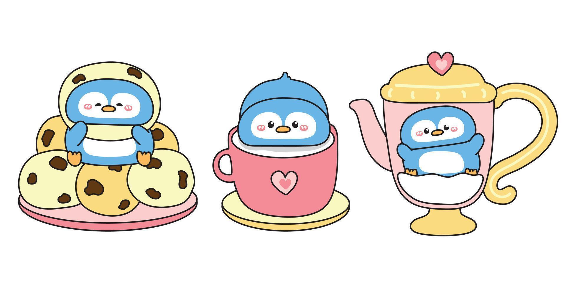 Set of cute penguin afternoon tea party.A cup of milk,pot,cookies.Bakery and beverage.Polar bird animal character cartoon.Kawaii.Illustration. vector