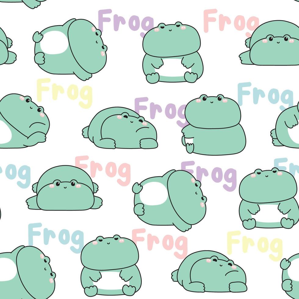 Seamless pattern of cute frog various poses with pastel text backgorund.Reptile animal character cartoon design.Kawaii.Illustration. vector