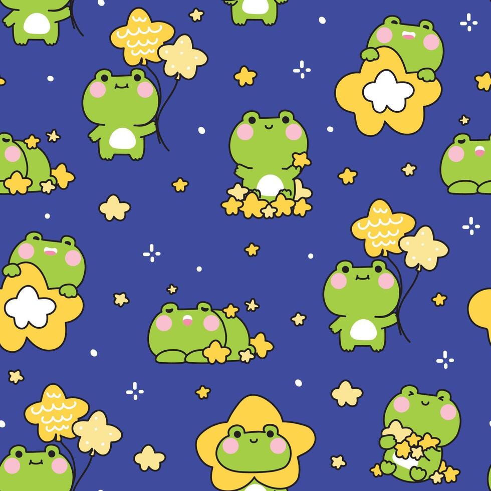 Seamless pattern of cute frog in various poses and feeling background.Star and night sky.Reptile animal character cartoon design.Kawaii.Illustration vector