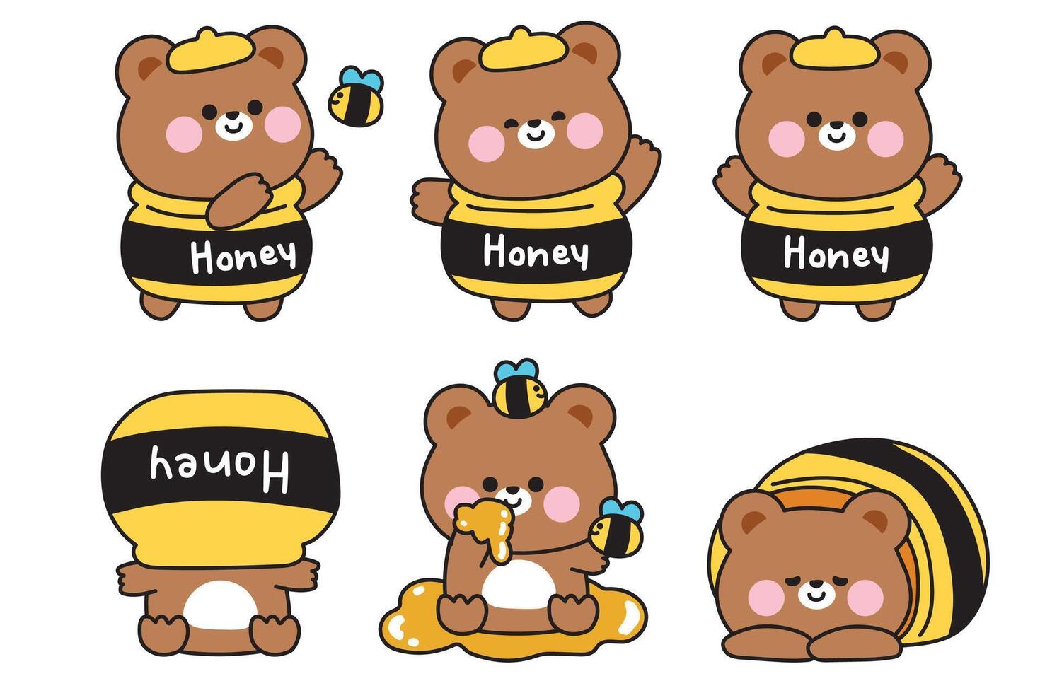 Set of cute teddy bear in various poses and feeling.Honey and bee.Wild animal character cartoon design.Kawaii.Illustration vector