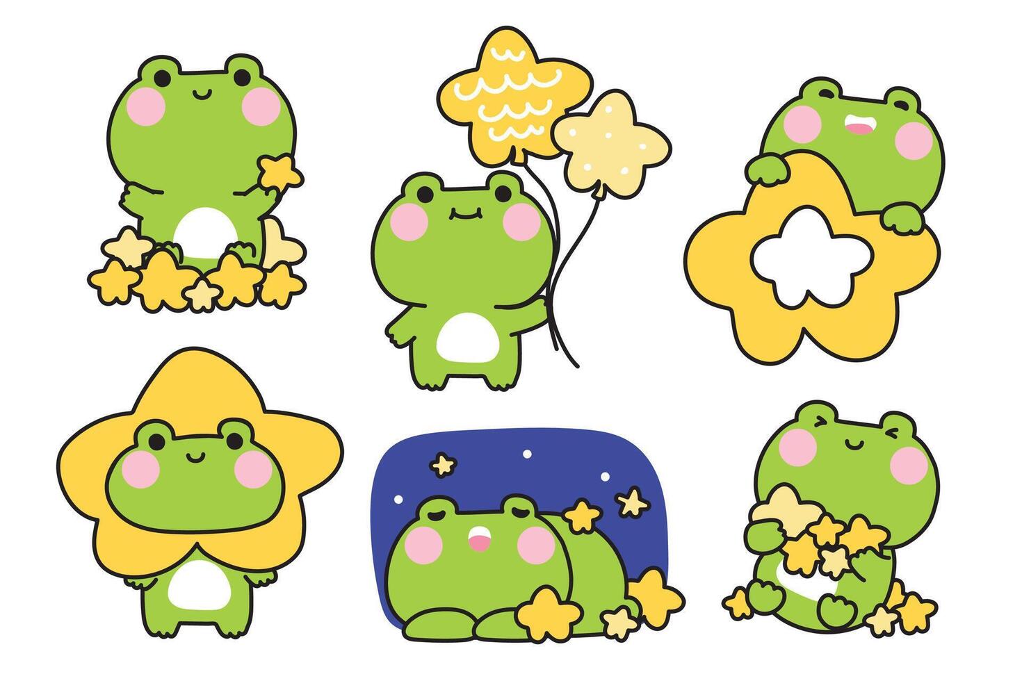 Set of cute frog in various poses and feeling.Star and night sky.Reptile animal character cartoon design.Kawaii.Illustration vector