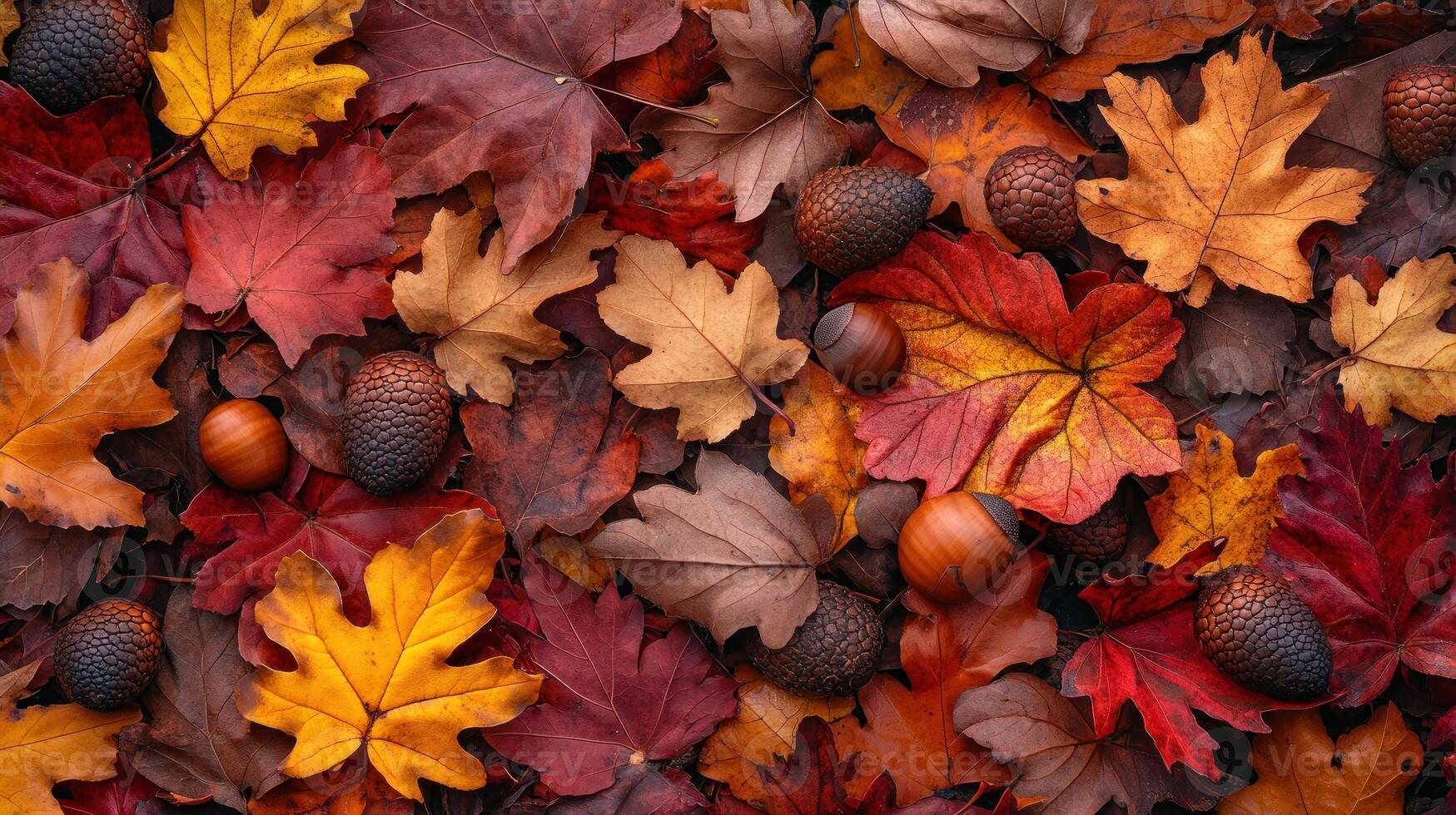 Autumnal Abundance A Captivating Close Up of Deciduous Forest Floor Covered in Colorful Fallen Leaves and Acorns Displaying the Beauty and Richness of the Fall Season photo