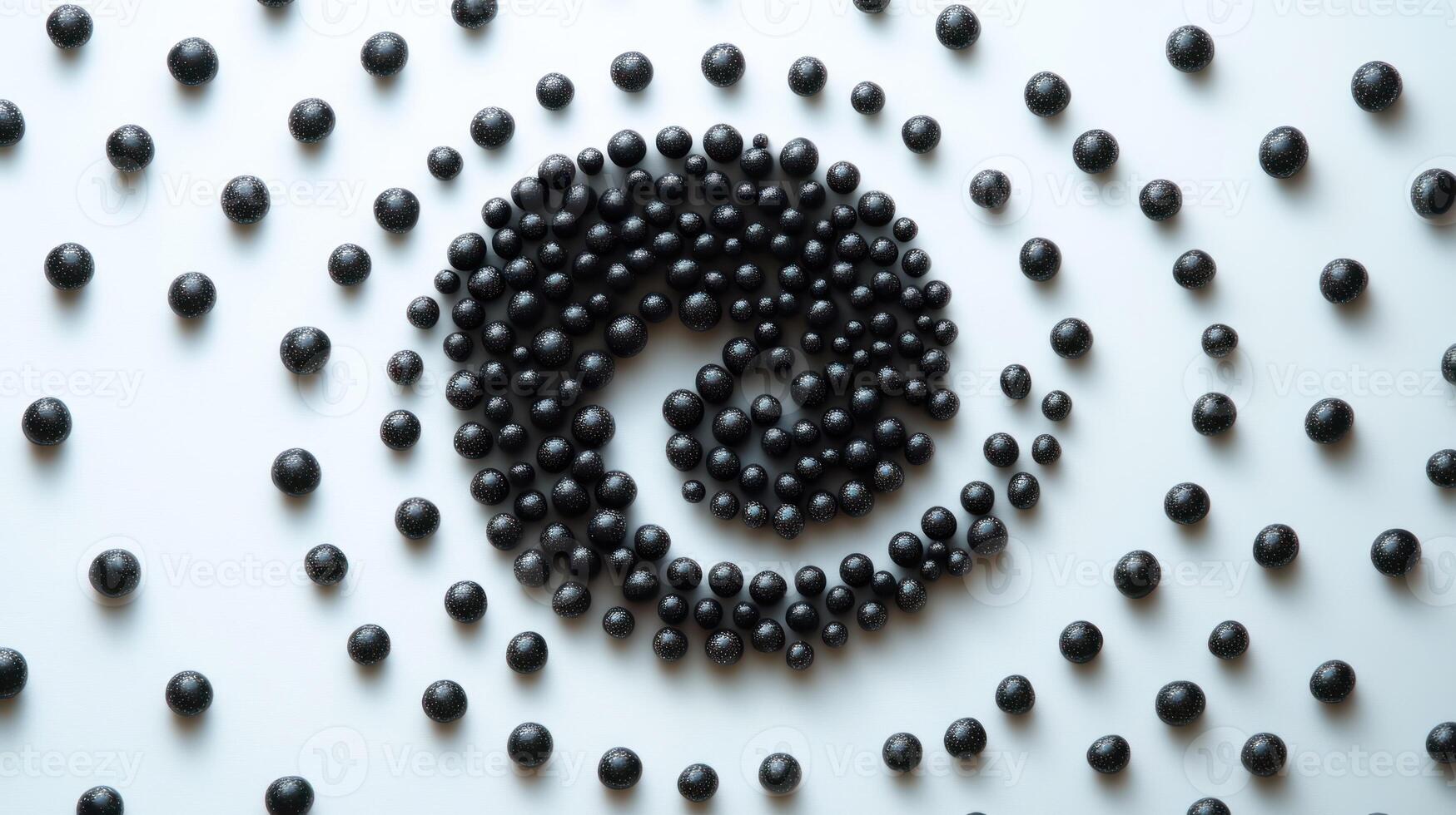 Abstract arrangement of black spheres creating a hypnotic spiral pattern on a white background, conveying a sense of depth, order, and visual appeal, ideal for artistic and design projects. photo