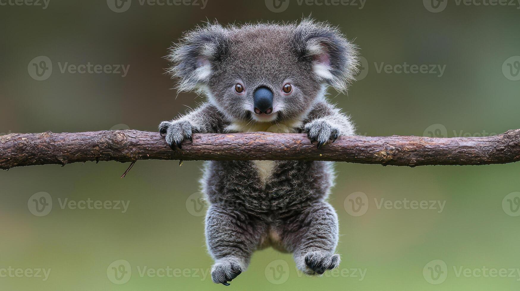 Adorable baby koala clinging to a branch in its natural habitat, showcasing its fluffy fur and endearing expression, a captivating wildlife portrait capturing the essence of Australian fauna photo