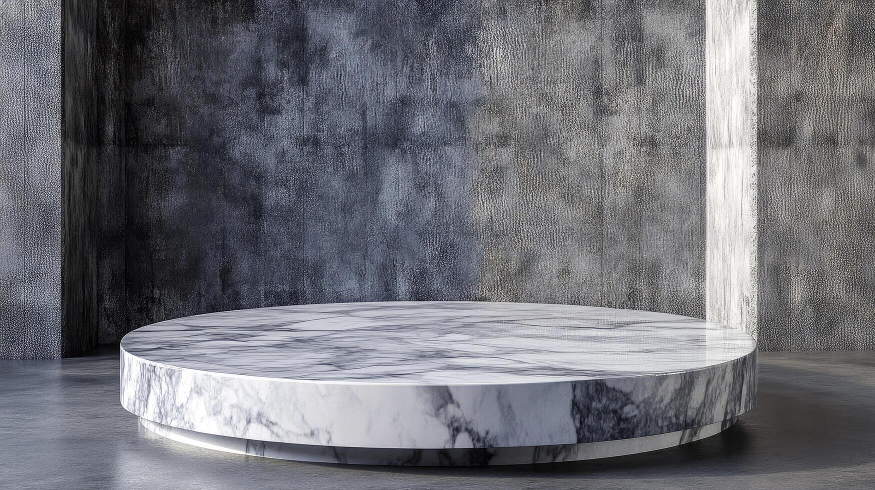 marble product display podium on a pastel grey background with flowing curtains. The stone pedestal exudes luxury, and a timeless appeal, perfect for showcasing premium items photo