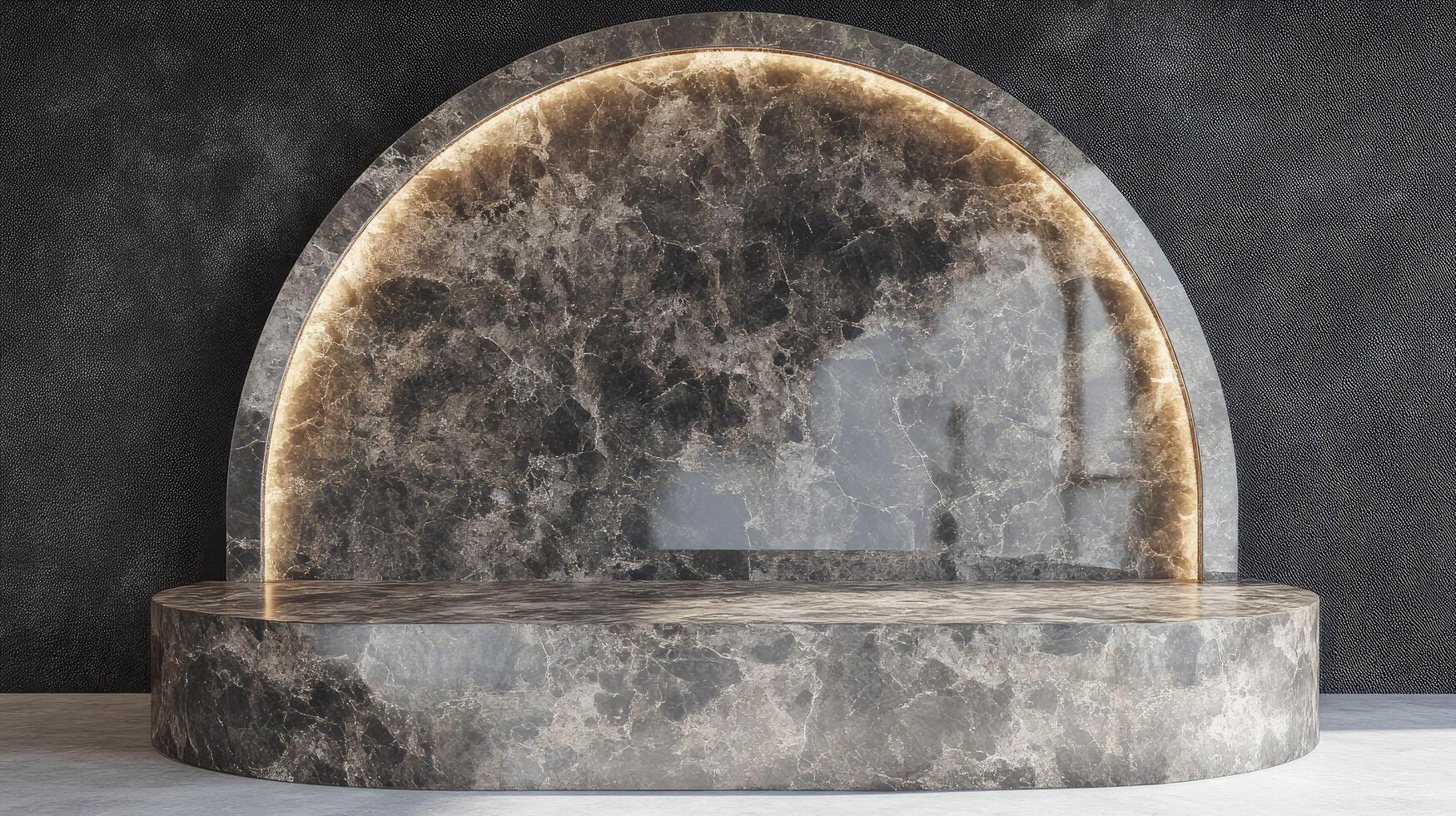 Empty circle base in luxury design for product display with marble pattern and light shine on dark black background photo