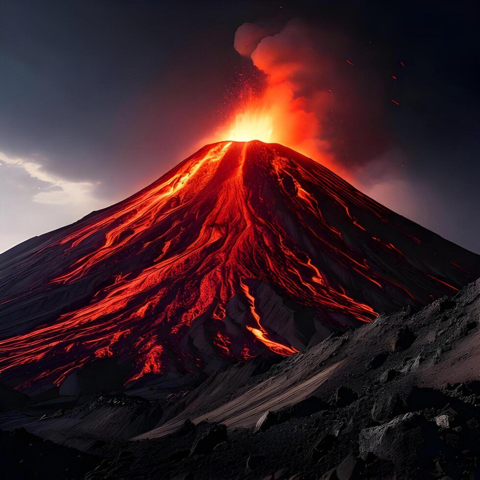 Fiery Volcanic Eruption at Night Dramatic Lava Flow on Dark Mountain photo