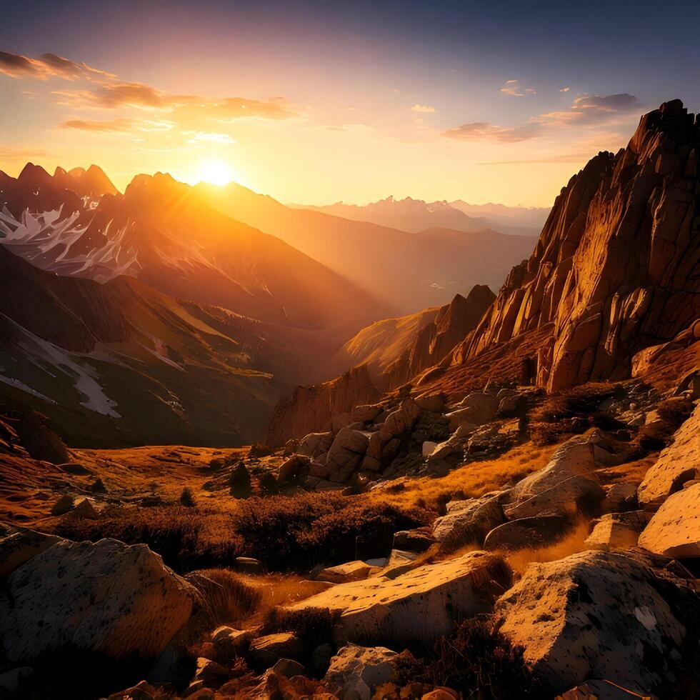 Golden Hour Sunset over Majestic Mountain Valley photo
