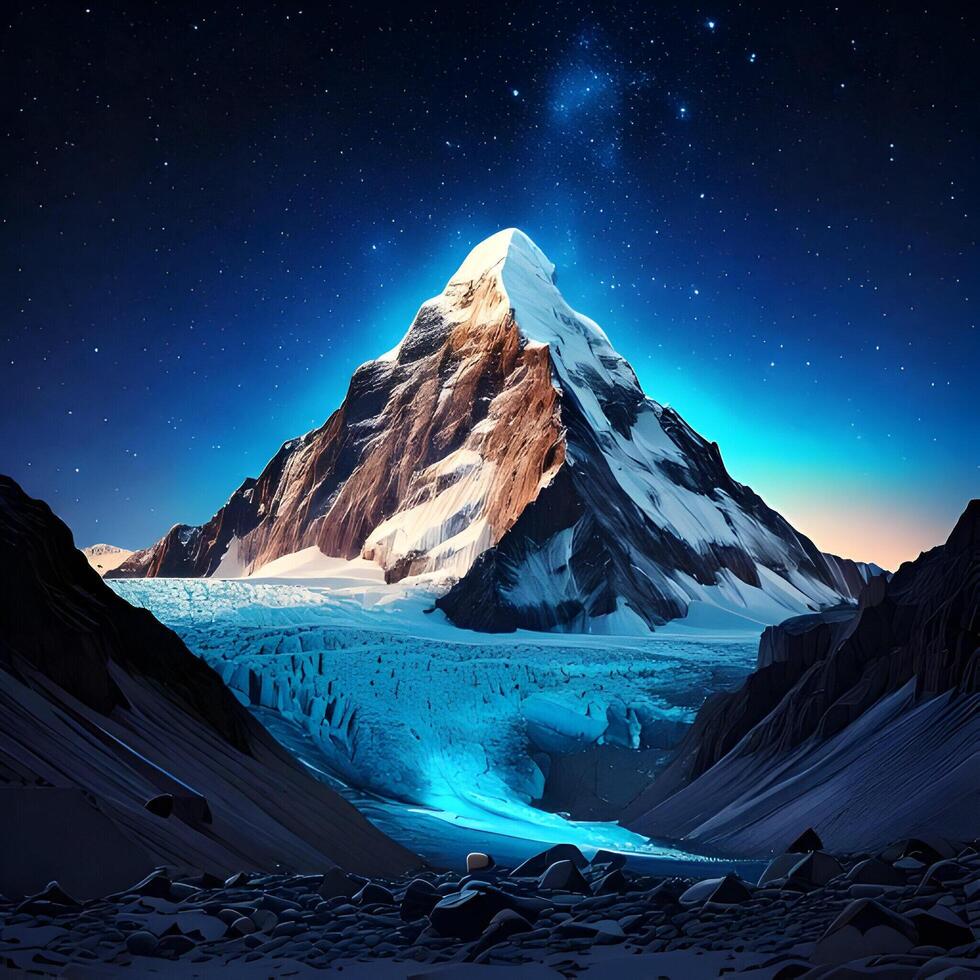 Majestic Snow Covered Mountain Peak at Night Under Starry Sky photo