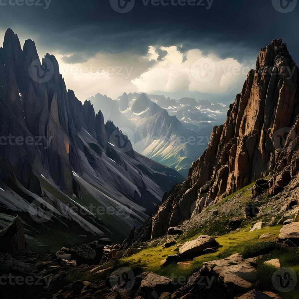 Dramatic Mountain Valley Landscape with Dark Clouds and Sunlight photo