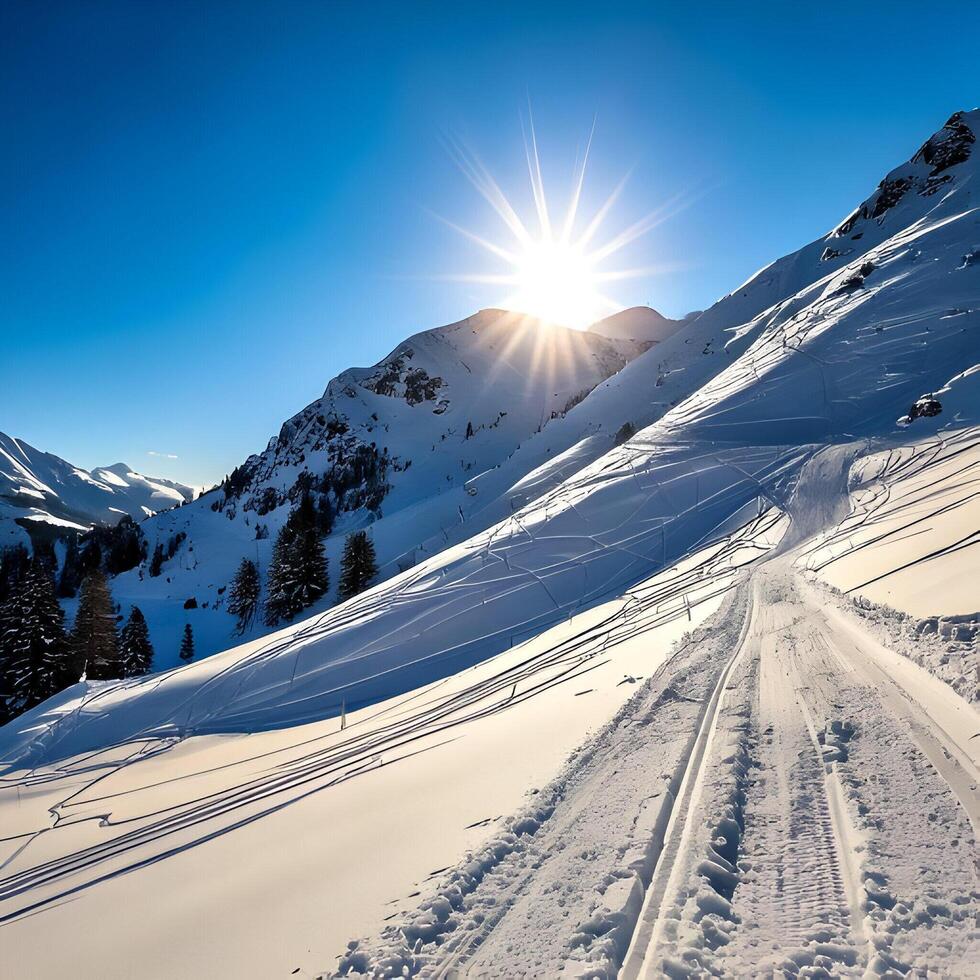Bright Winter Sun Over Snowy Mountain Landscape photo