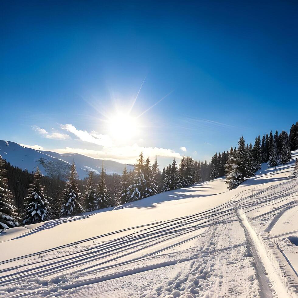 Bright Winter Sun over Snow Covered Mountain Range photo