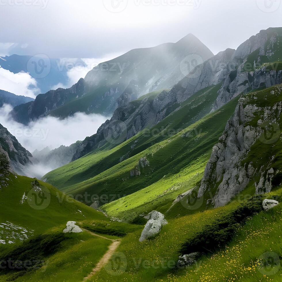 Misty Mountain Valley Landscape with Green Hills and a Path photo