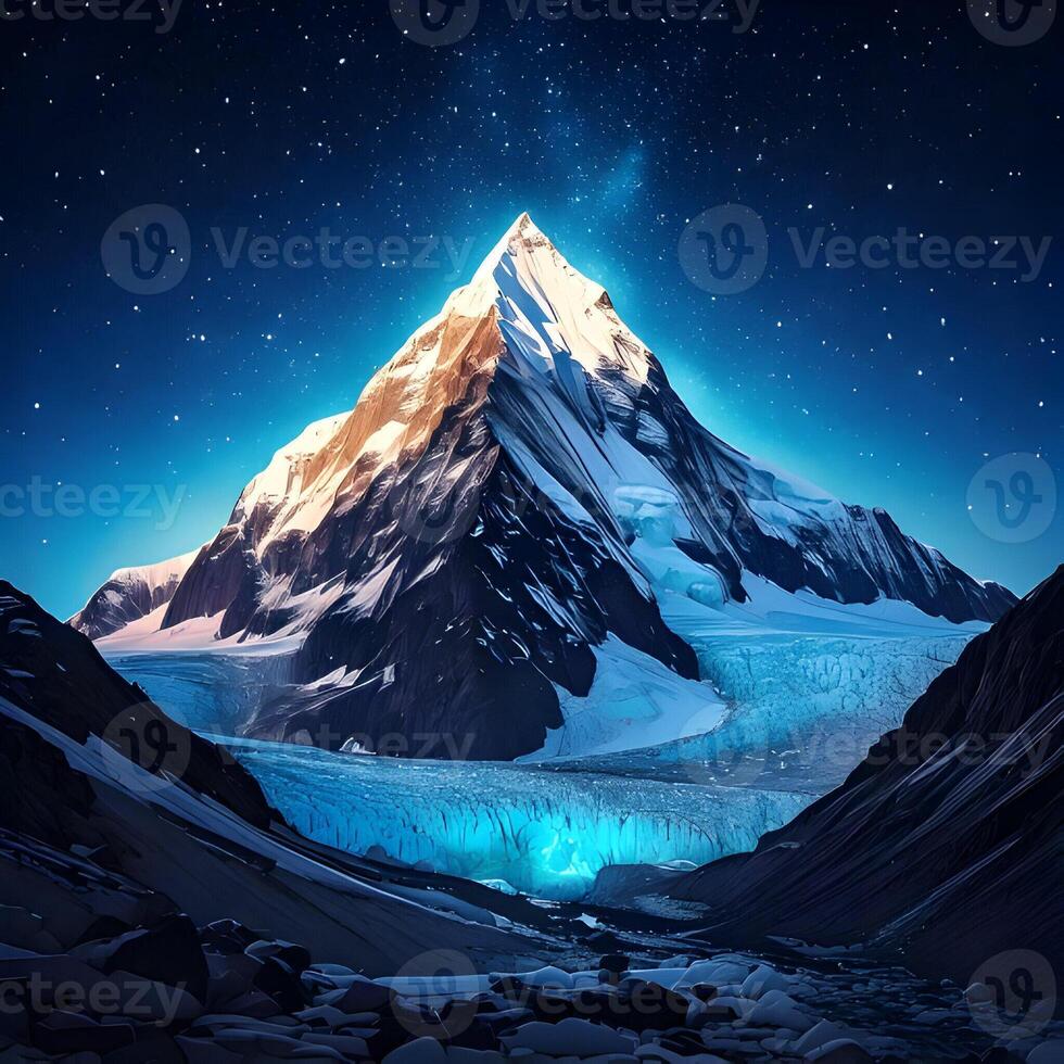 Majestic Snowcapped Mountain Peak at Night Under Starry Sky photo