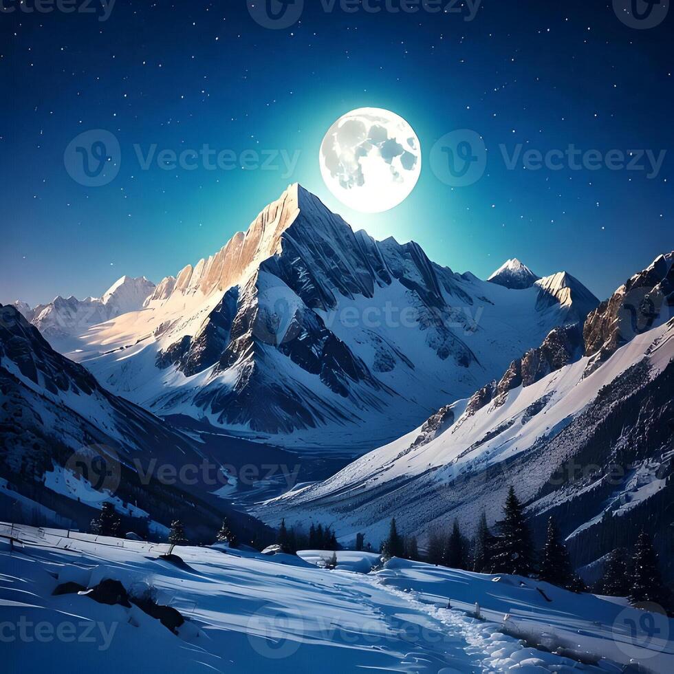 Majestic Snowy Mountain Range Under a Full Moon at Night photo