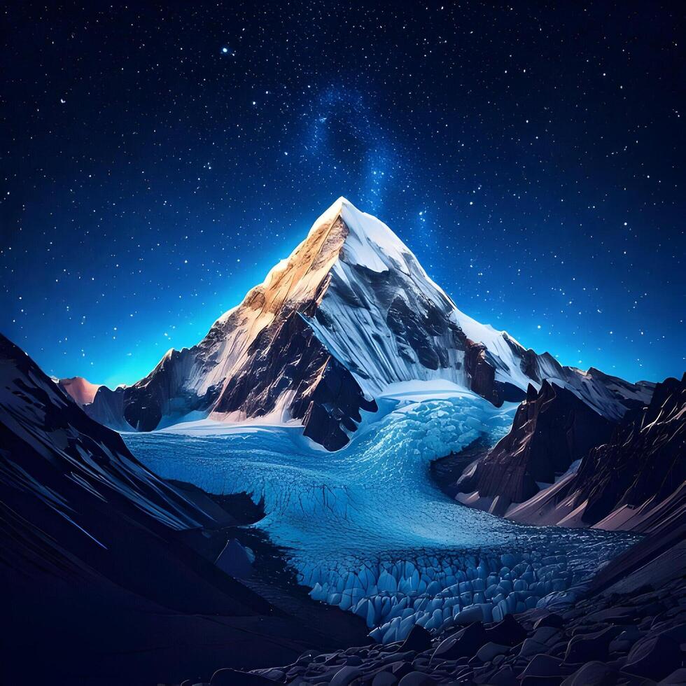 Majestic Snowy Mountain Peak Under Starry Night Sky photo