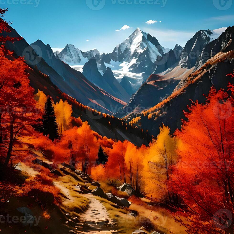 Autumnal Mountain Landscape with Colorful Trees and Snow-Capped Peak photo