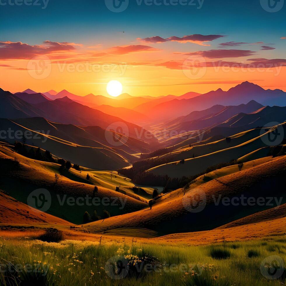 Vibrant Sunset Over Rolling Hills and Valley photo