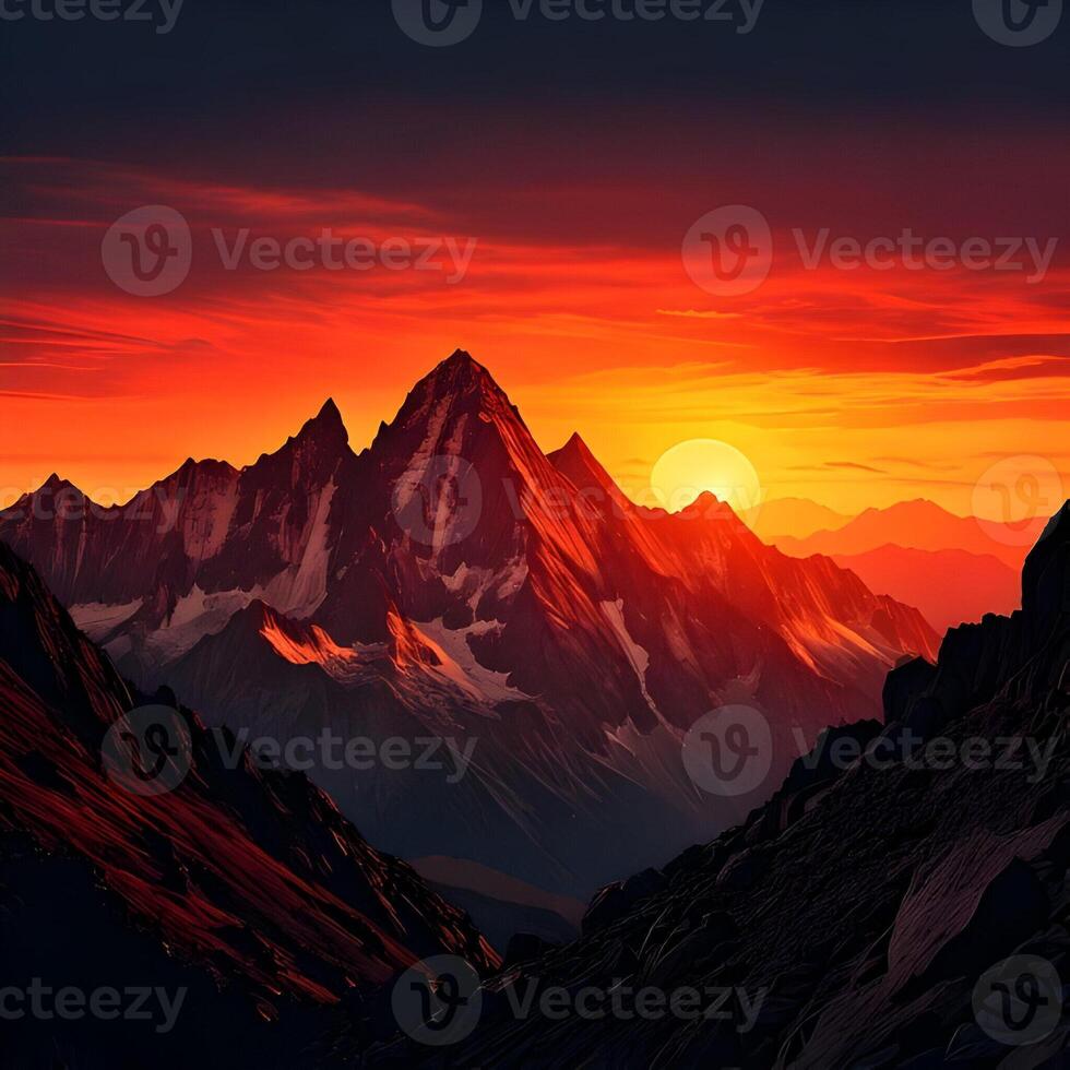 Fiery Sunset Over Snowcapped Mountain Peaks photo