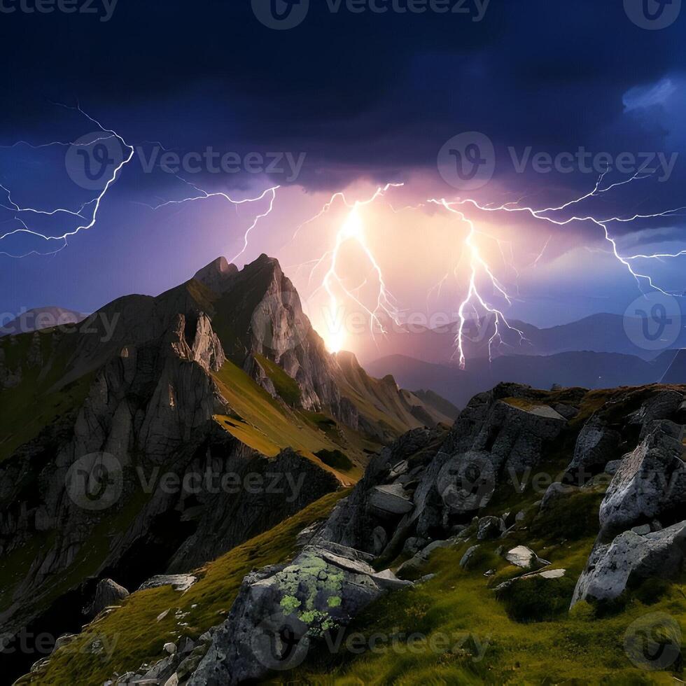 Dramatic Lightning Storm Over Mountain Peaks photo