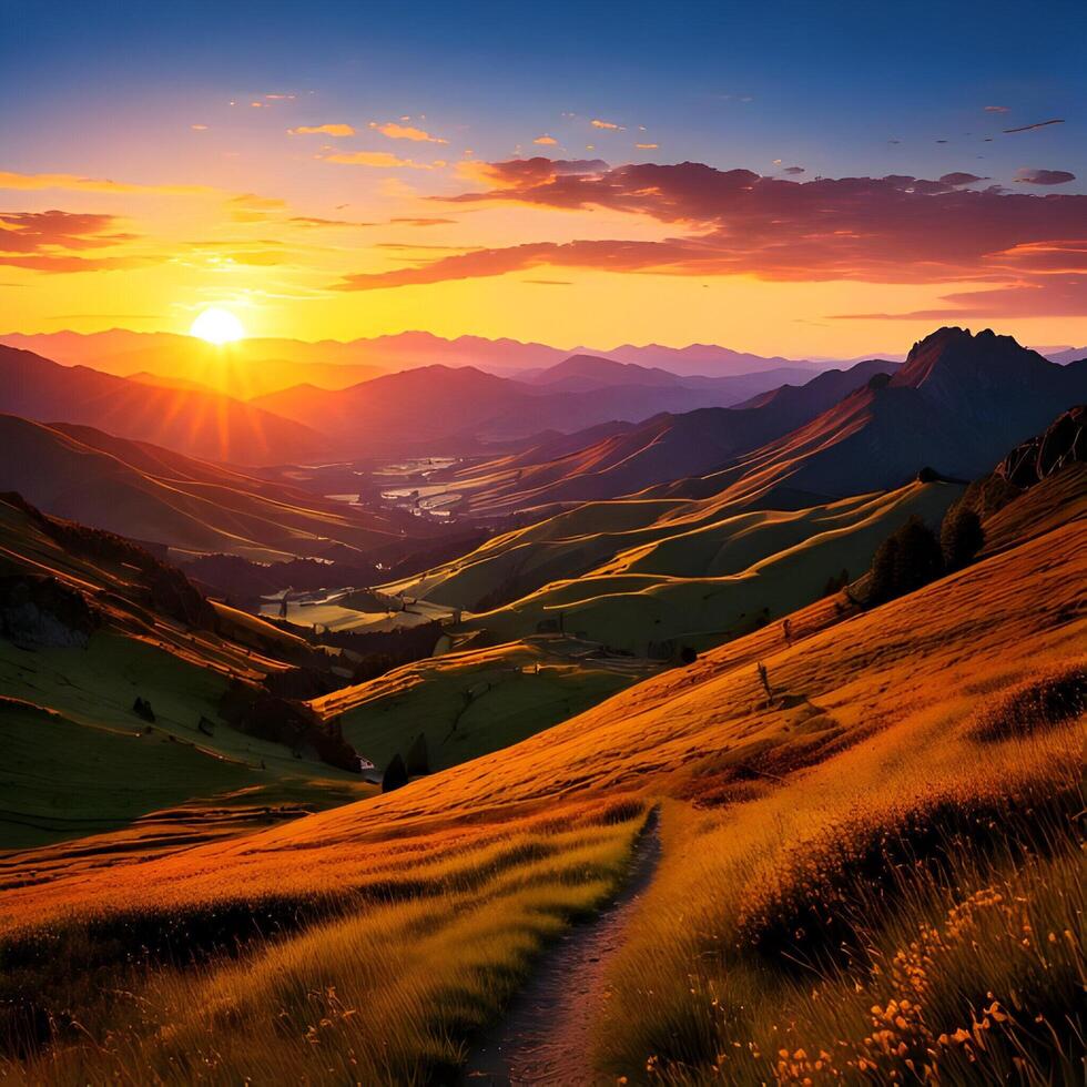 Vibrant Sunset Over Rolling Hills and Valley Path photo