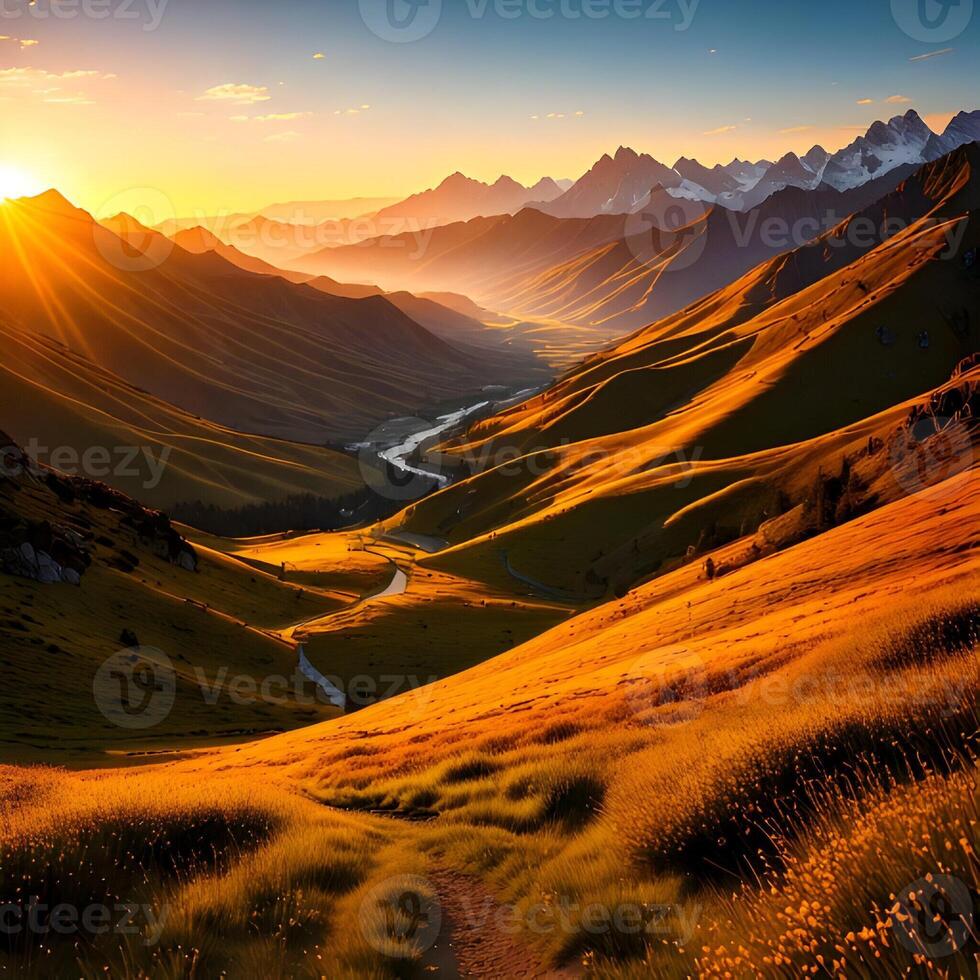Golden Hour Sunset Over Mountain Valley Landscape photo