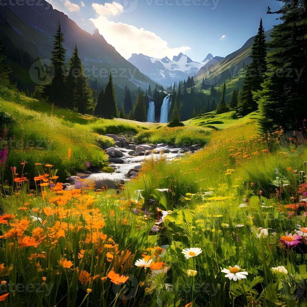 Alpine Meadow Waterfall Landscape With Abundant Flowers photo