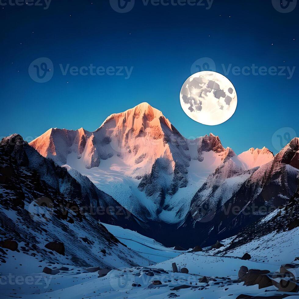 Majestic Snowy Mountain Peak Under a Full Moon at Night photo