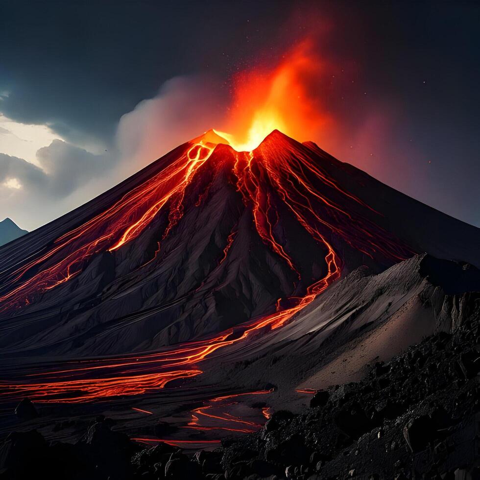 Night Volcano Eruption with Glowing Lava Flow photo
