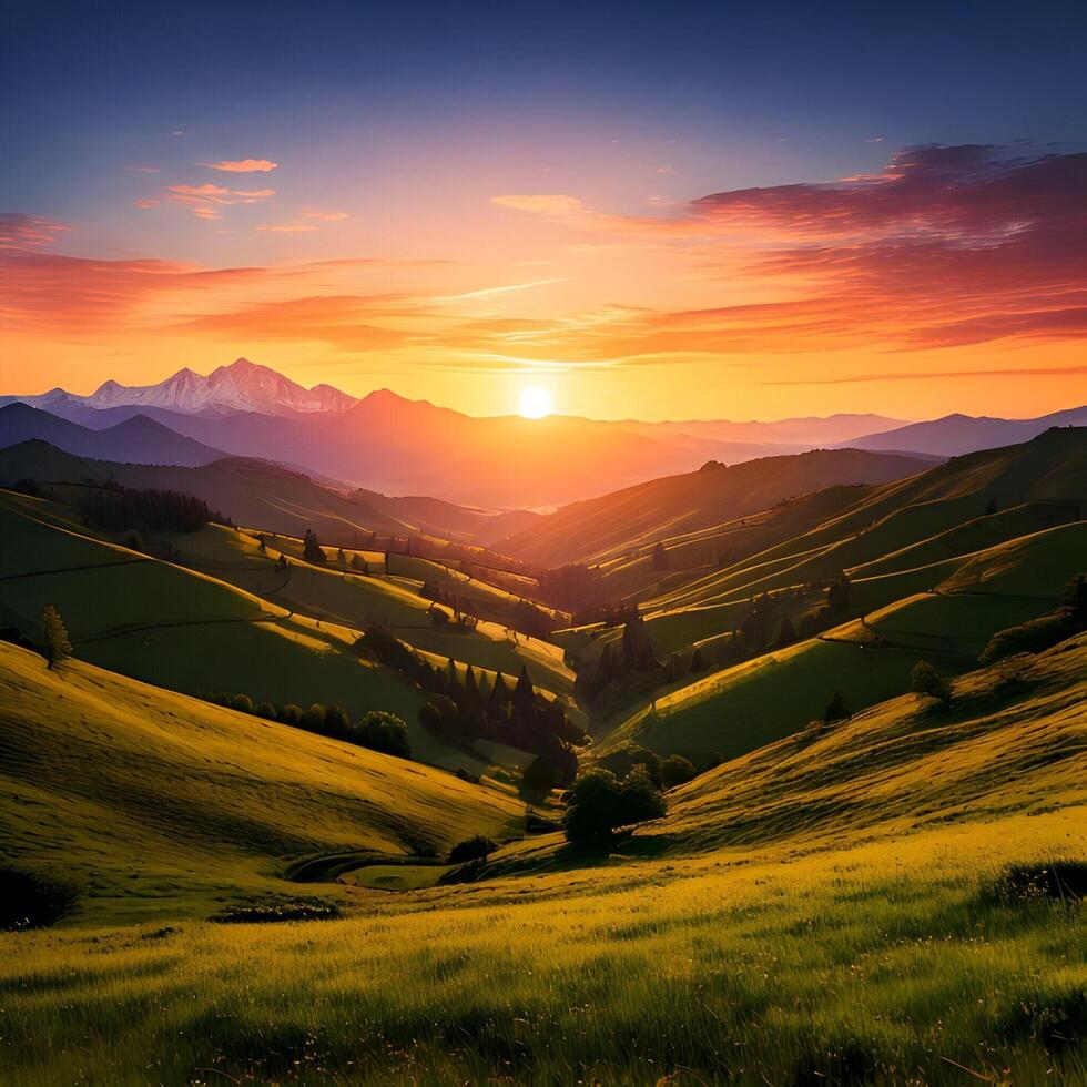 Vibrant Sunset Over Rolling Green Hills and Majestic Mountains photo