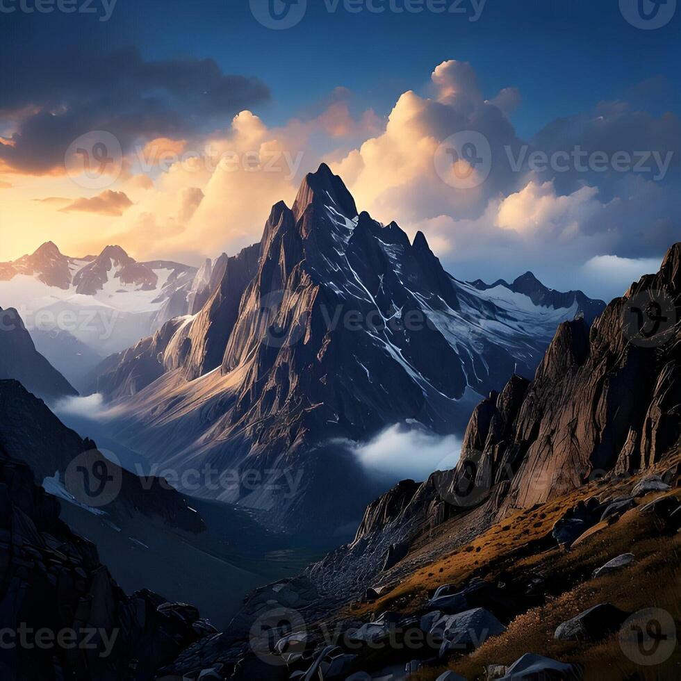Majestic Mountain Peak at Sunset with Dramatic Clouds and Golden Light photo