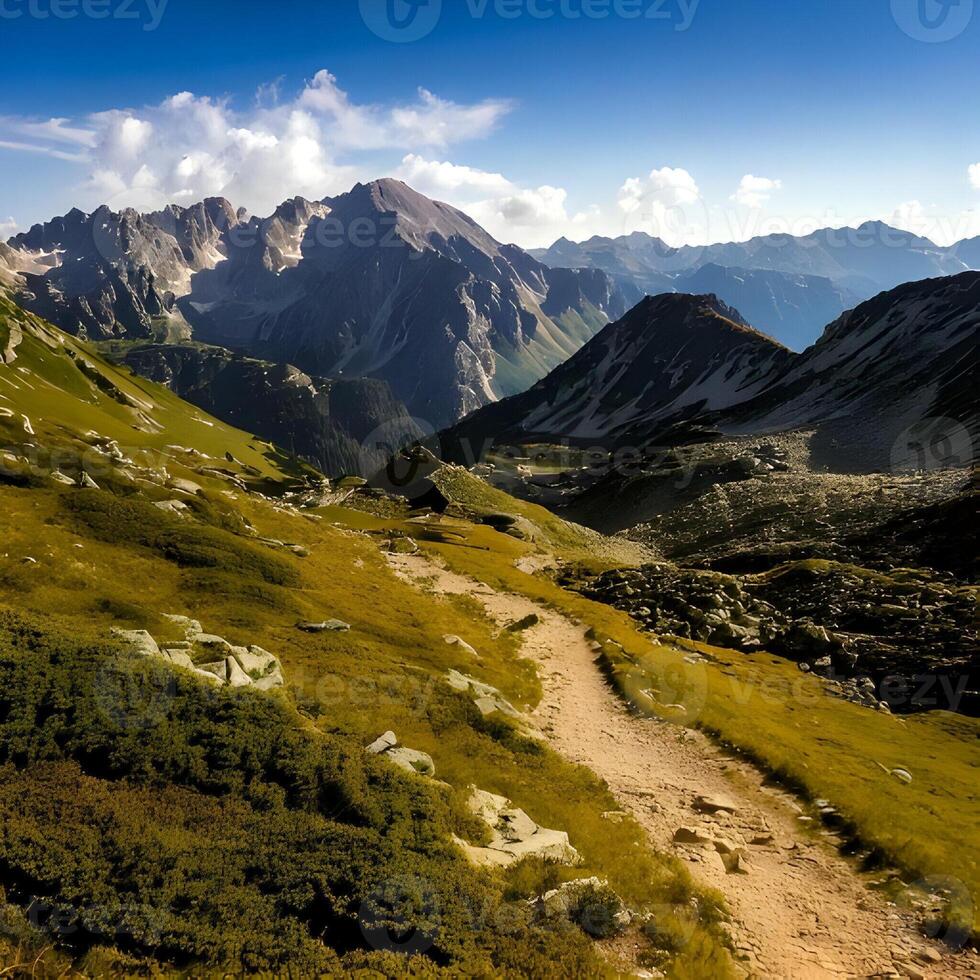 Mountain Hiking Trail Landscape With Green Valley photo